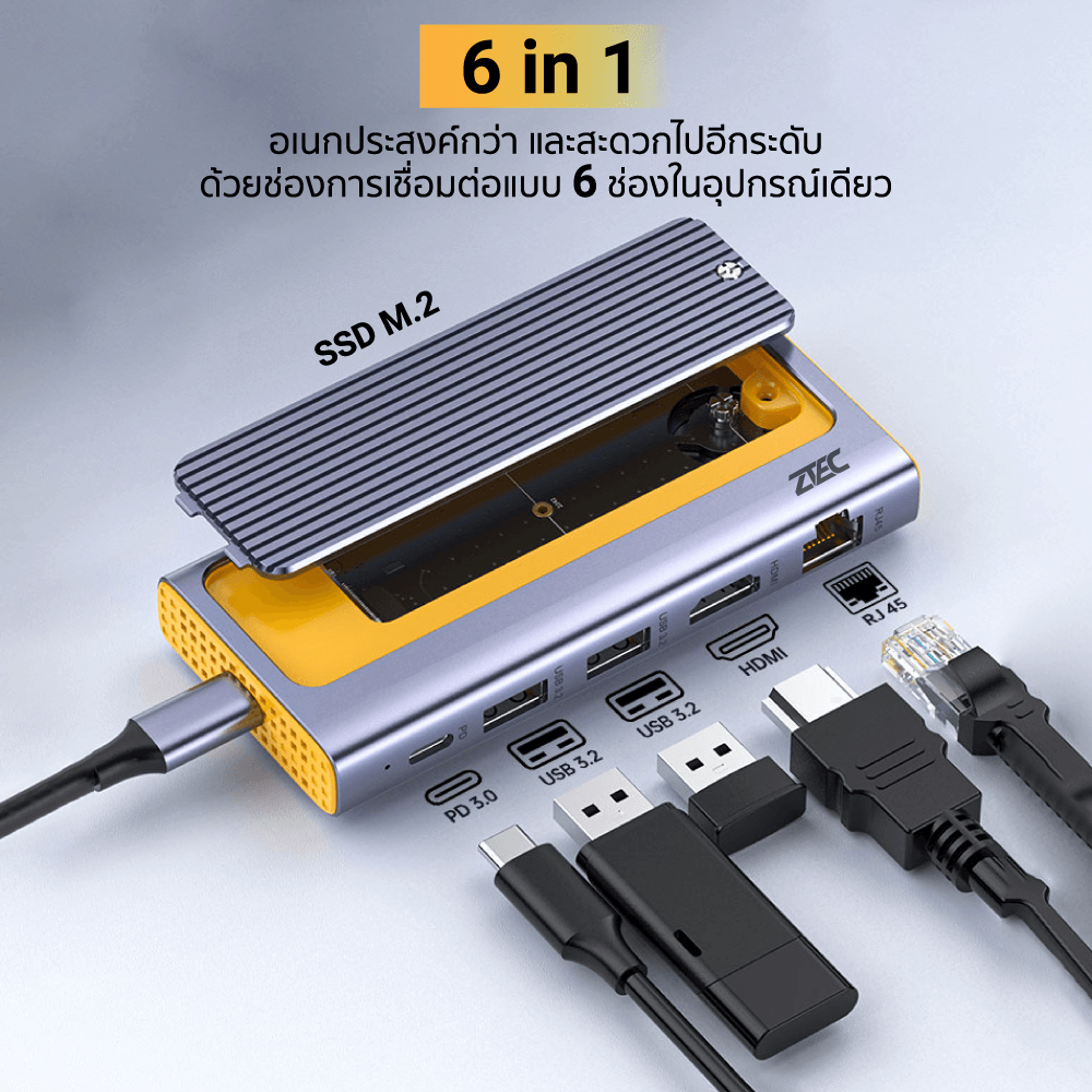 Portable M.2 (6in1) Docking Station ZTEC ZD621 พอร์ต LAN (ช่องการเชื่อมต่อ 6 ช่องในอุปกรณ์เดียว)_3